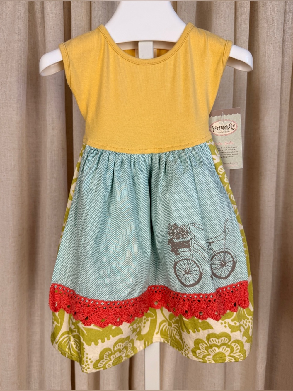 PERSNICKETY Yellow & Aqua Bicycle Print Sundress with Red Trim Apron 2T NWT
